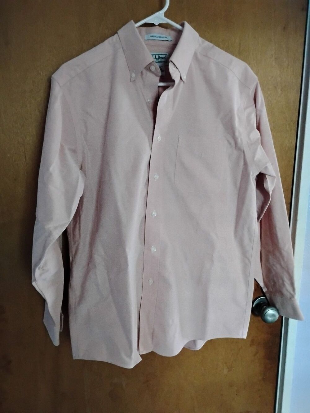 LL Bean Men Pink Wrinkle Resistant Cotton Button Up Long Sleeve Shirt Size 15-32